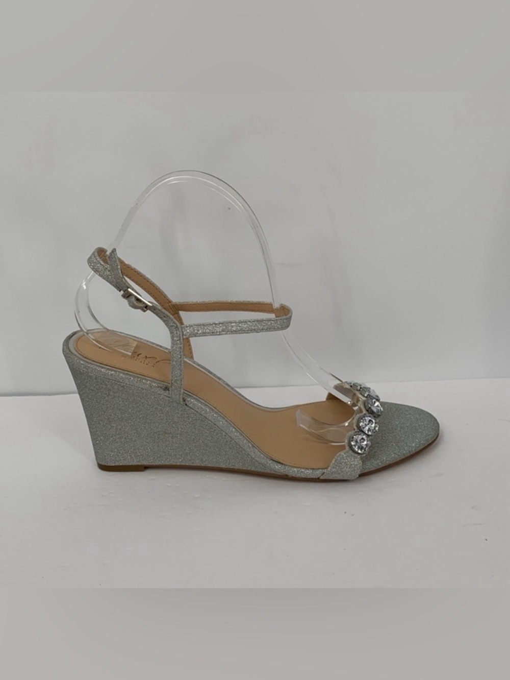 Jewel Badgley Mischka wedge shoe silver metallic glitter clear crystal sandal 11